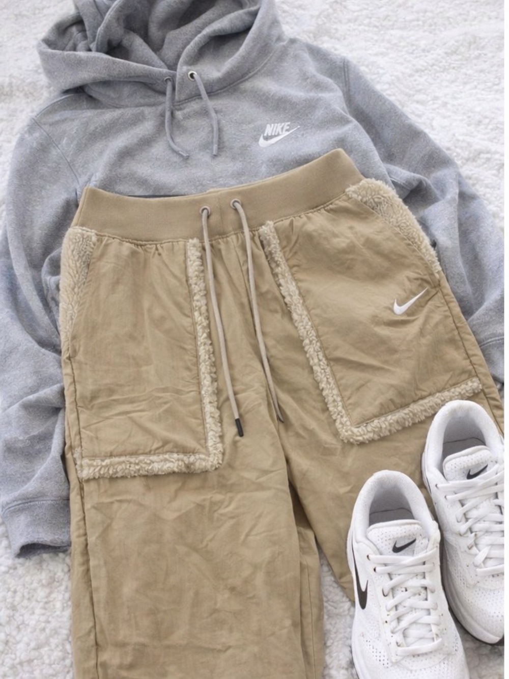 Nike Sherpa Trim Jogger Pants | High Rise Loose Fit Cozy Athleisure Beige Womens